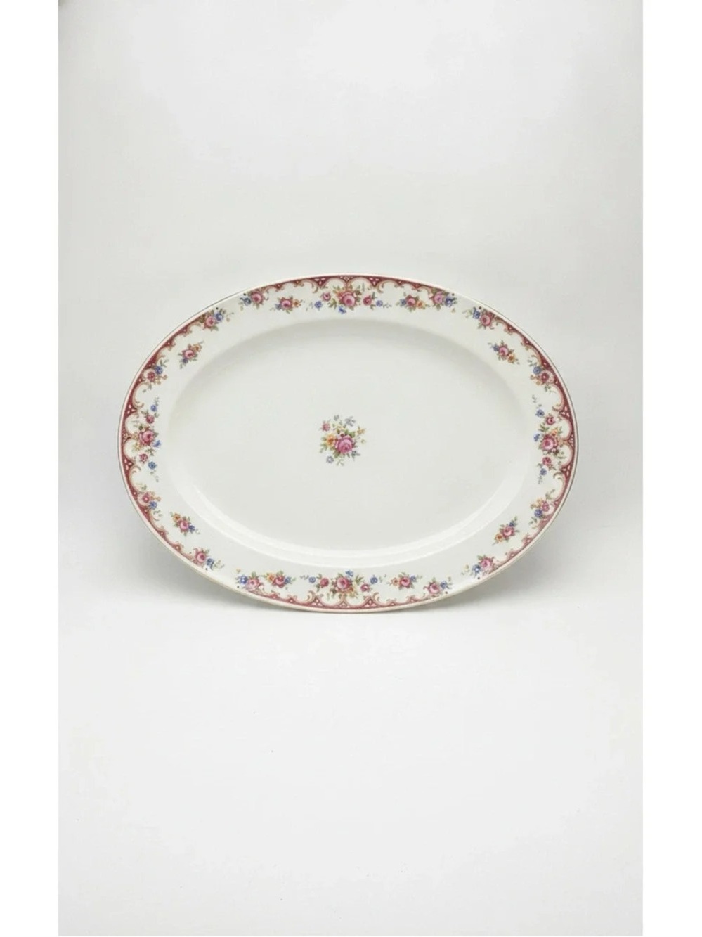 Vintage Floral Oval Serving Platter - White with Pink Rose Border